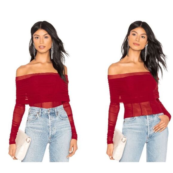 Majorelle Lia Top in Cranberry Red Off Shoulder Sheer Sleeve Gauzy Lined Size XL - Picture 1 of 8